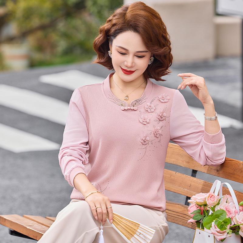Stylish Round Neck Knit Sweater for Middle-Aged & Elderly Women - Age-Defying, Long-Sleeved Spring Top