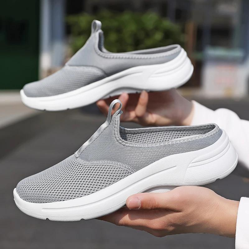 Fashion Mens Half Slippers Summer Breathable Mesh Mens Shoes Outdoor Casual Walking Shoes Large Flat Light Mesh Slippers Sandals