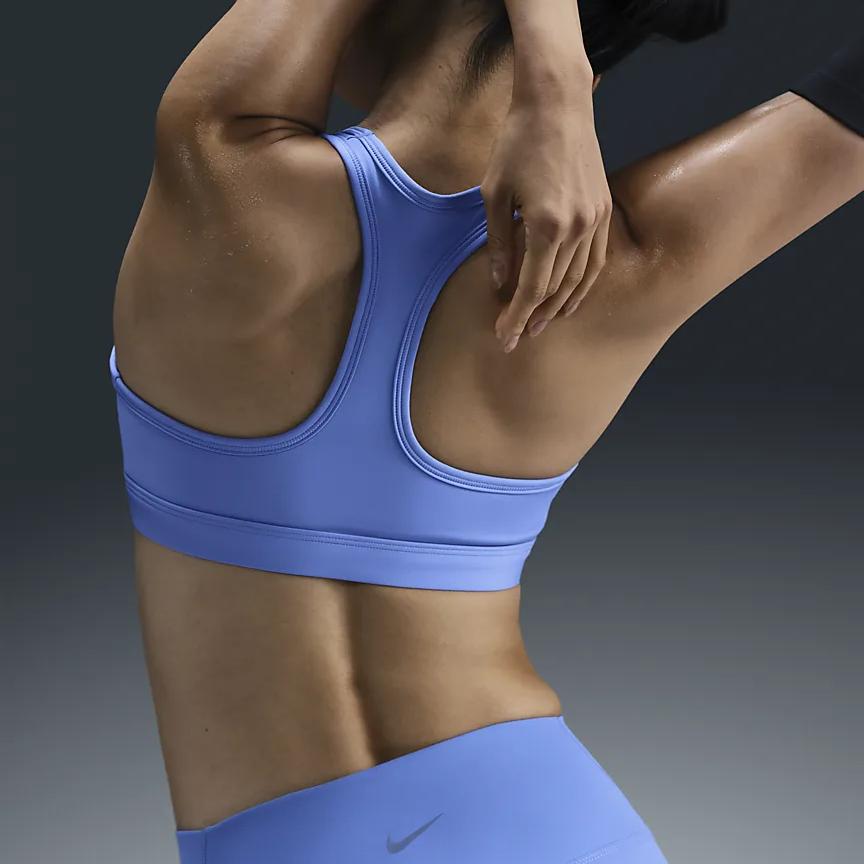 Nike Женское дышащее спортивное нижнее белье Swoosh Dri-Fit в минималистичном стиле, цвет Pulse-Gem-Blue, белый, артикул DX6822-494