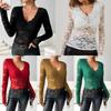 2024 New Trendy And Elegant V-neck Scalloped Solid Color Long-sleeved Slim Fit Pullover Lace Top For Women In Plus Sizes