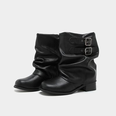 Модные осенние винтажные женские ботинки-казаки на толстом каблуке с модной пряжкой-ремнем, элегантные женские современные короткие ботильоны слипоны