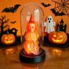 Unique Halloween Gift Decoration, Lighted Skeleton in Clear Dome Cloche with Warm Glow, Battery Year-round Decor Operated Skull Lamp Witch Hat