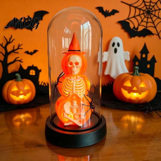 Unique Halloween Gift Decoration, Lighted Skeleton in Clear Dome Cloche with Warm Glow, Battery Year-round Decor Operated Skull Lamp Witch Hat