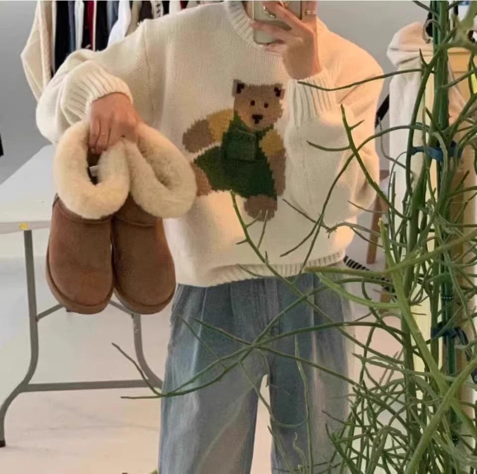 Korean Dongdaemun Cute Bear Pattern Loose Knit Sweater Coat for Women