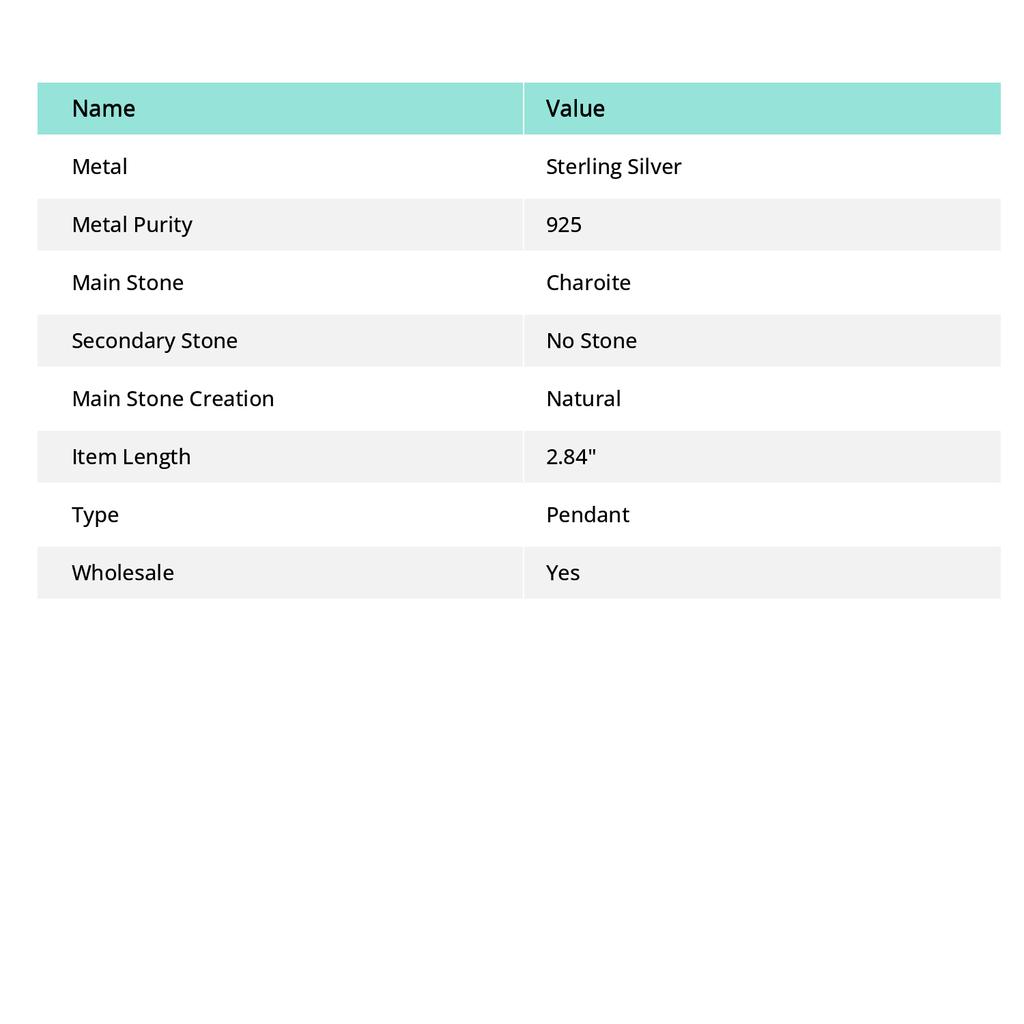 Natural Russian Charoite Gemstone 925 Sterling Silver Gift Pendant 2.84" E2F97