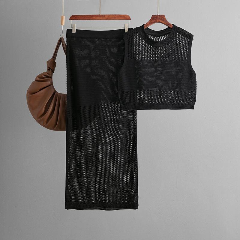Slim-fit Hollow Sleeveless Vest Set, Summer New Knitted Slit Skirt Two-piece Set