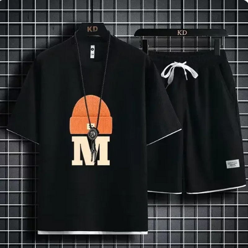 Молодежный модный спортивный костюм для пары, летний новый корейский стиль, вафельная футболка, шорты, комплект из двух предметов, мужской ретро-топ с круглым вырезом