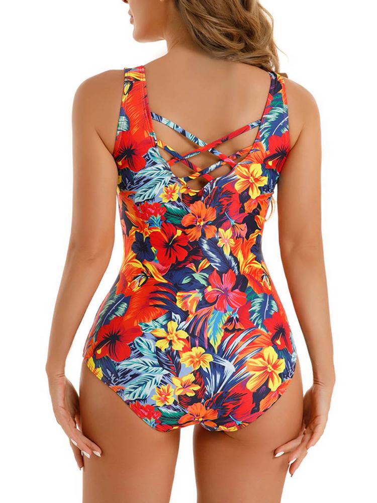 2024 Floral Swimsuit Women One Piece Sexy Hollow Out Swimwear Female Back Cross Beachwear Bathers Bathing Swimming Swim Suit