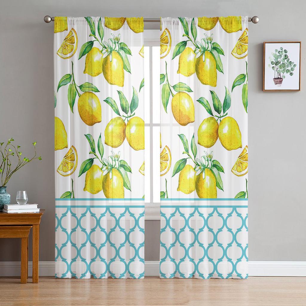 Summer Lemon Fruit Blue Moroccan Pattern Sheer Curtains for Living Room Decoration Window Curtains Kitchen Tulle Voile Curtains