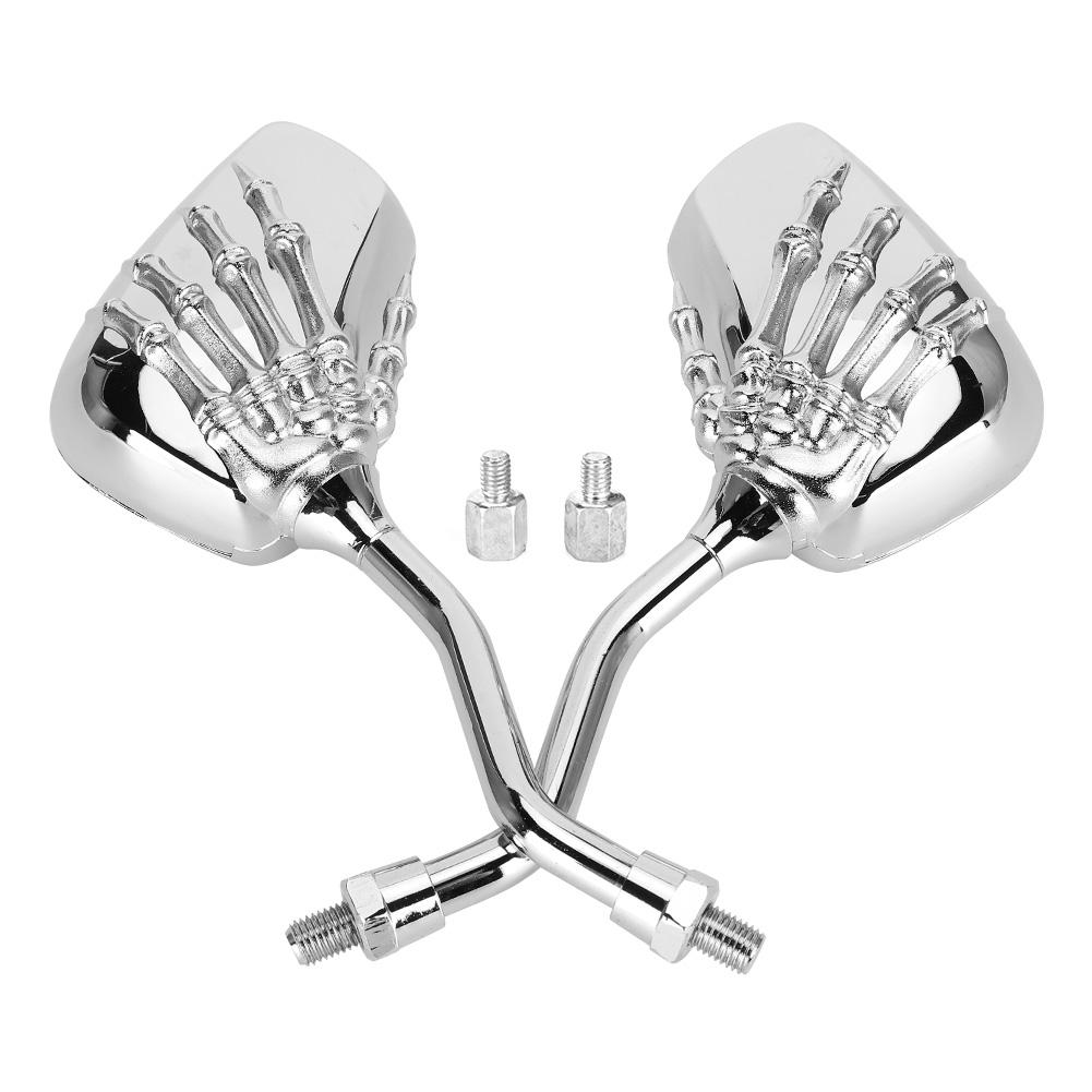 2pcs Motorcycle Chromed Rearview Mirrors 8mm 10mm Thread Skeleton Skull Hand Handlebar Reflector