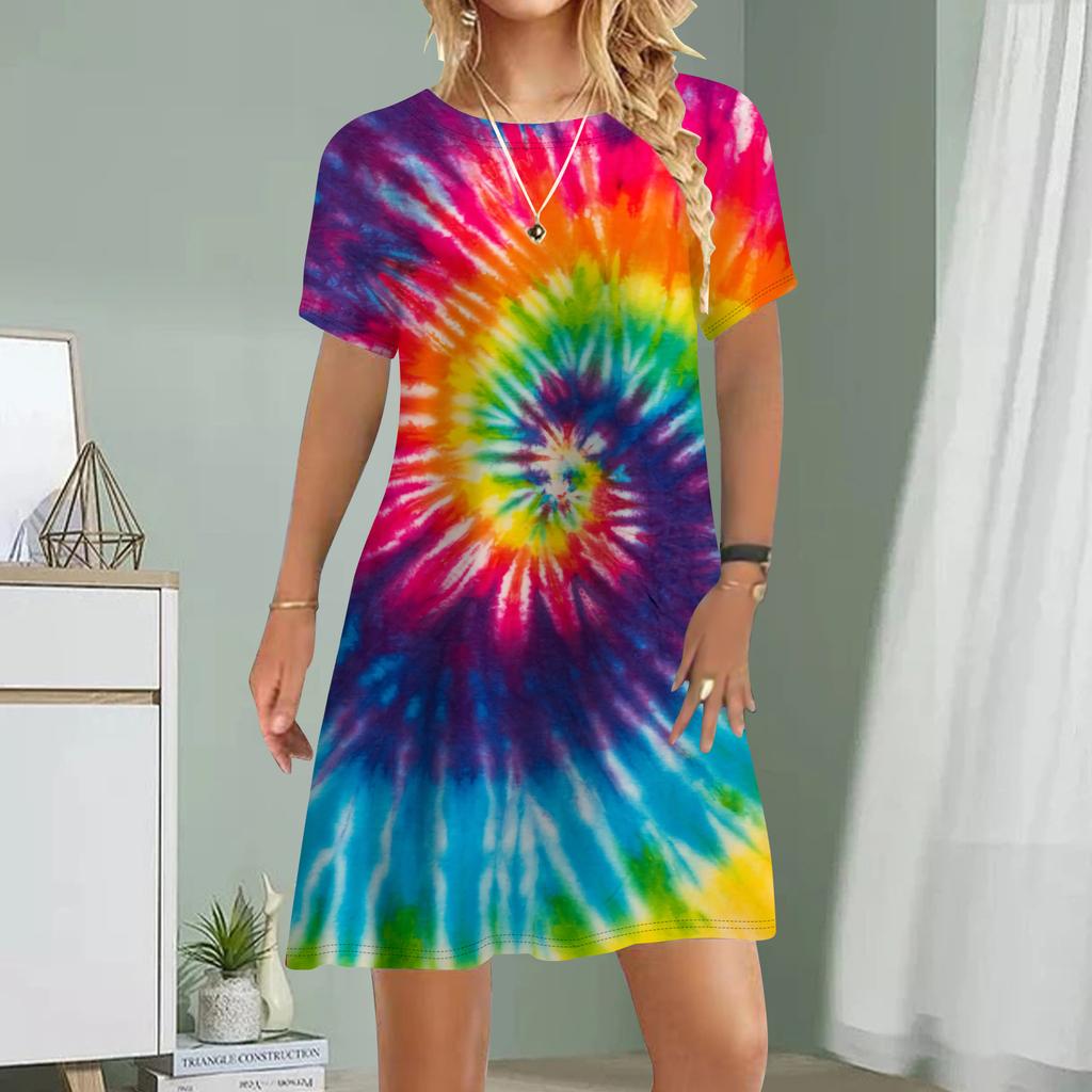 Women Casual Dress Summer Tie-dyed Print Dresses For Women O-neck Short Sleeve Dress Plus Size