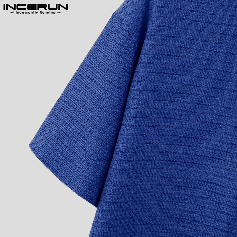 INCERUN Мужские топы с короткими рукавами и круглым вырезом, однотонные текстурированные футболки