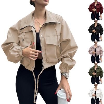 Женская модная однотонная куртка с длинным рукавом, карманом и короткой молнией, куртка-ветровка