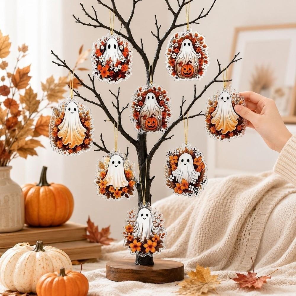 8pcs Maple Leaf Halloween Ghost Pendant Pumpkin Ghost Hanging Ornaments Halloween