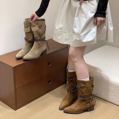 Ретро ботильоны на толстом каблуке из коричневой замши средней высоты, женские, 2025, новые тонкие ботинки, весенне-осенние одинарные ботинки, западные короткие ботинки