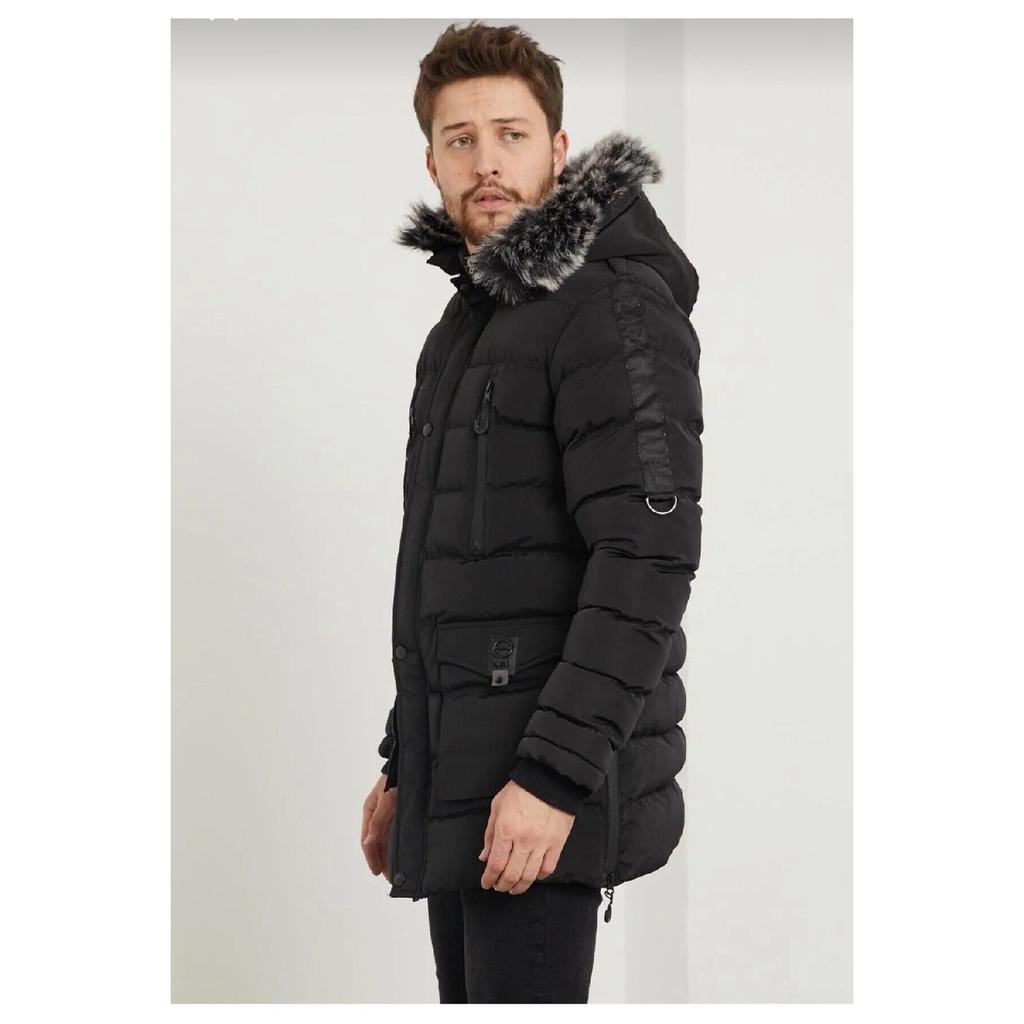 Men's Slim Fit Puffer Hooded Fur Coat Green