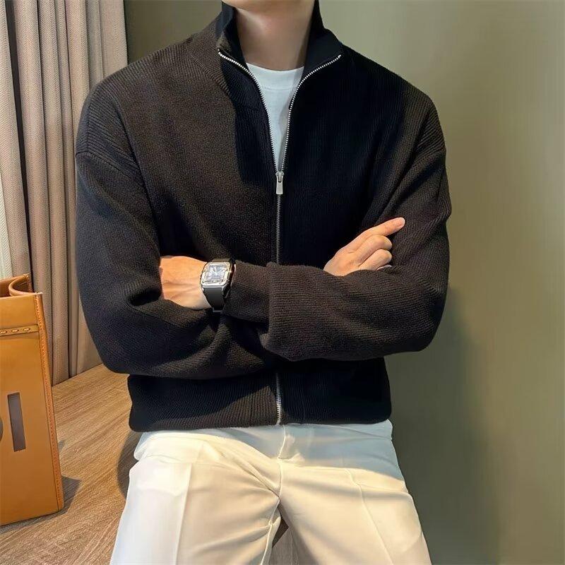 2024 Мужской кардиган с воротником-стойкой, осень-зима, корейская мода, трикотажная куртка, мужские свитера, мужской теплый кардиган на молнии