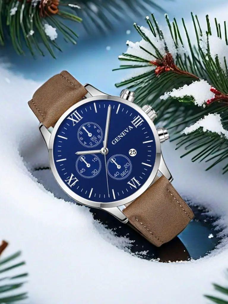 Легкие роскошные модные Женевские мужские часы с датой из сплава, синтетическая кожа, аналоговые кварцевые спортивные часы для активного отдыха, бизнеса, спорта, бега