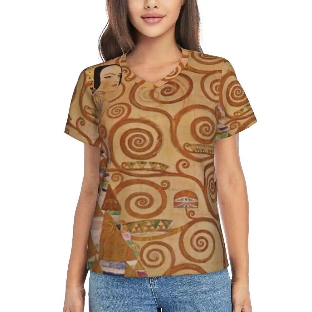 Gustav Klimt T Shirt The Kiss Hip Hop T-Shirts Women V Neck Basic Tops 2024 Beach Short Sleeve Pattern Clothes