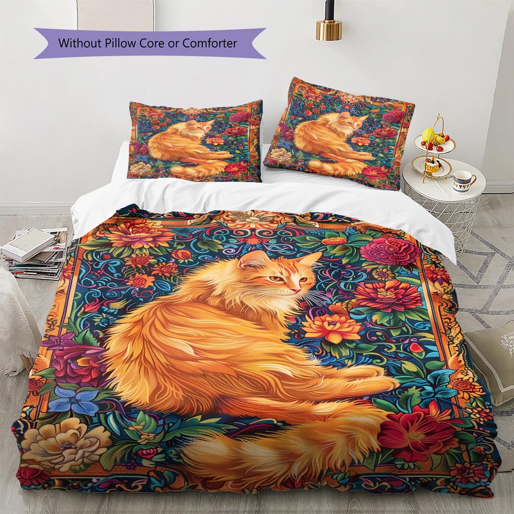 Boho Floral Cat Pattern Bedding Quilt Set Quilt Cover Pillowcase Home Decoration Birthday Gift (1 * duvet cover + 2 * pillowcase, without core)