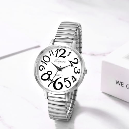 Women's Analog Watch with Large Numerals, Elastic Strap, One Size Fits Most, Simple and Stylish Quartz Watch, Silver, Fashion Accessory, Perfect Gift