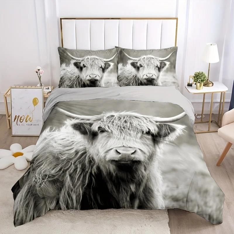 2/3PCS Highland Cow King Size Bedding Set Digital Print Duvet Cover with Pillowcase Fashion Field Style Home Decor for Bedroo