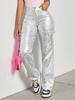 Брюки карго Rose Beauty A Rave Punk Silver с высокой талией и карманами-клапанами по бокам из искусственной кожи прямого покроя