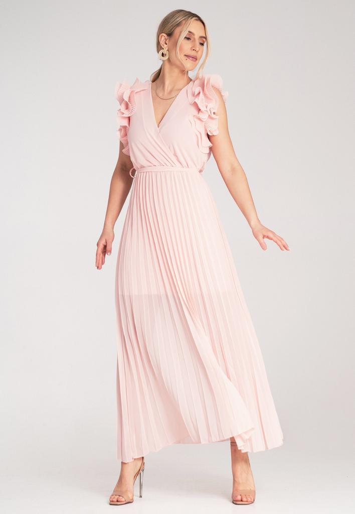 Plisowana Sukienka Maxi - Sukienka Z Falbanką Na Rękawach - Różowa Sukienka M1189 R. S/M