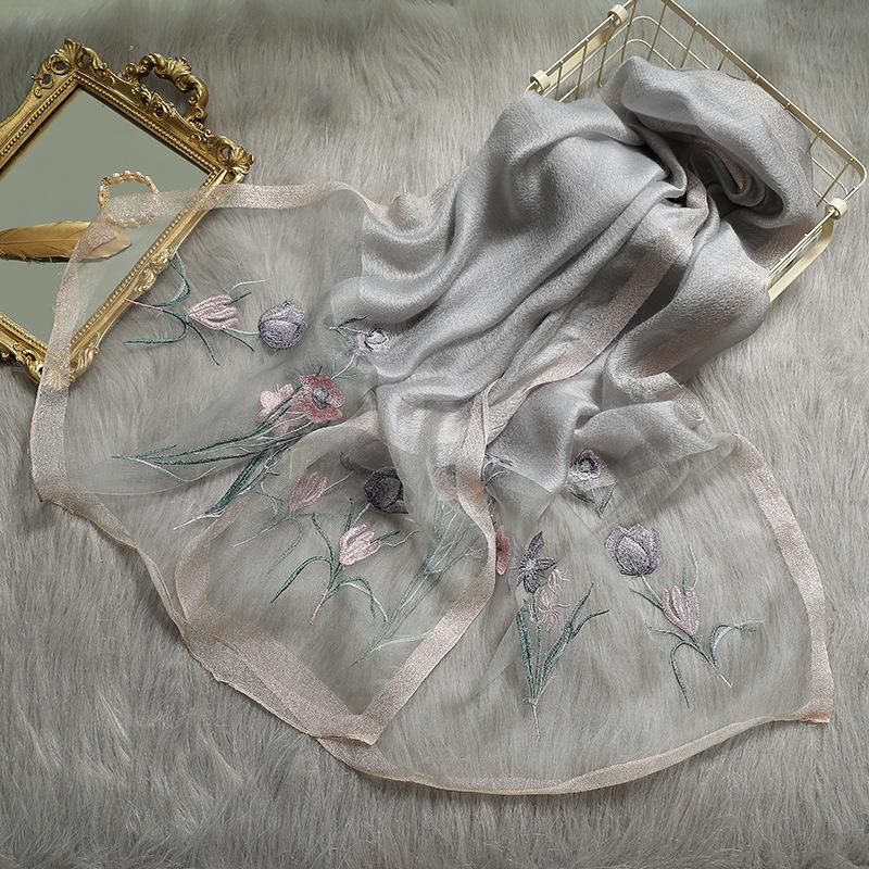 Новый шелковый шерстяной шарф женский с вышивкой весна и лето однотонный длинный шарф пашмина женский платок для волос хиджаб бандана