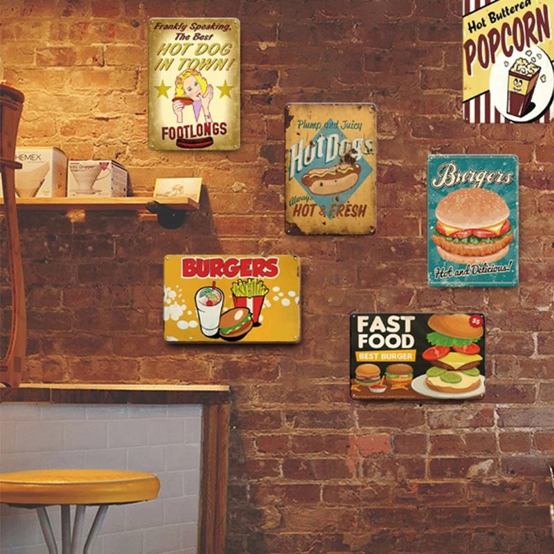 Hot Dog Fresh Hamburgers Metal Signs BBQ Vintage Posters Home Kitchen Wall Decor Iron Plate Painting Fast Food Shop Plaques