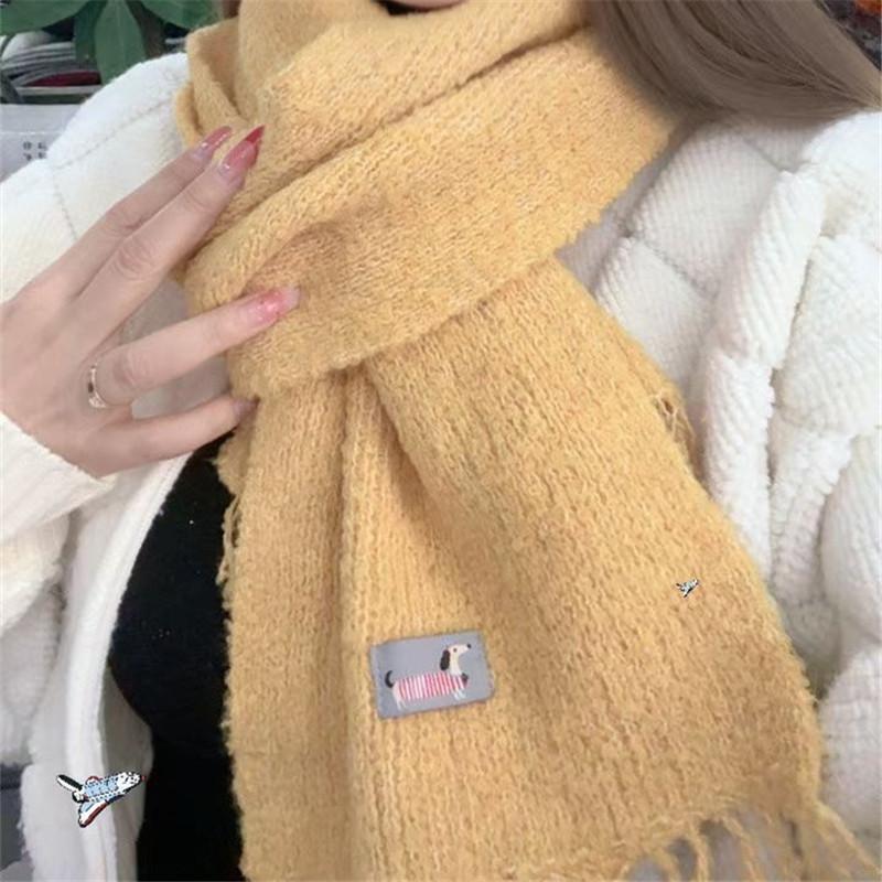 White Wool Knitted Tassel Woolen Scarf for Girls Winter New Versatile Warm Dog Logo Cute Scarf