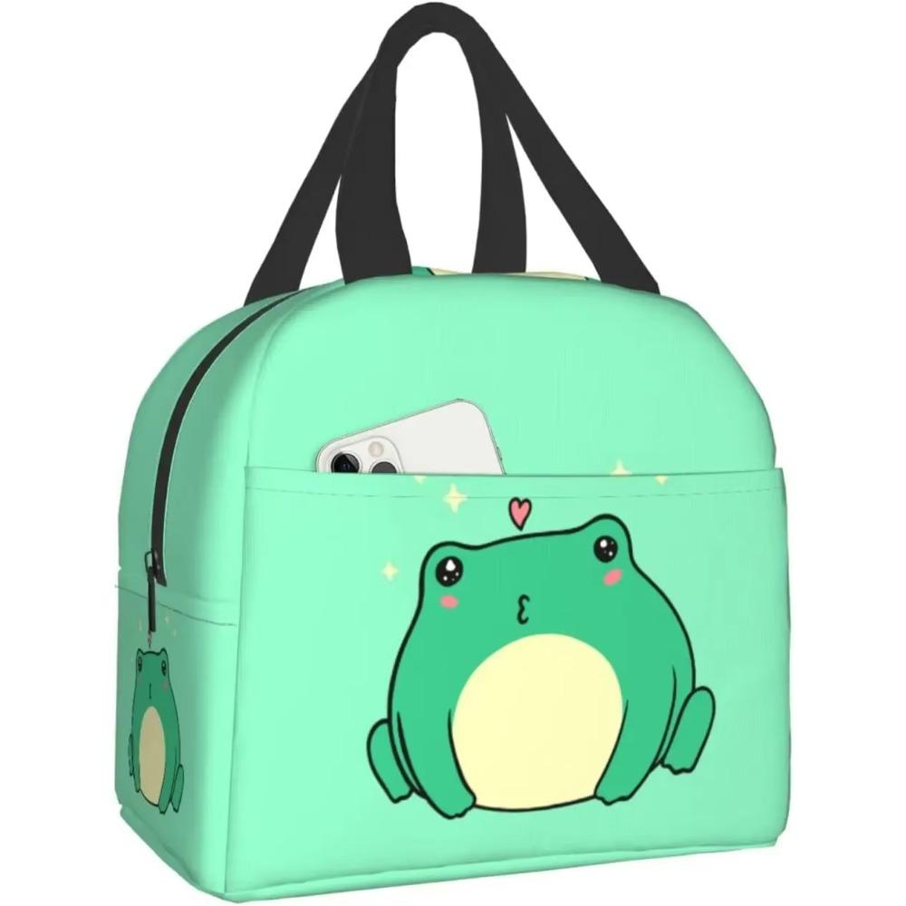 Kawaii Green Frog Lunch Bento Bag Insulated Lunch Box Reusable Waterproof Lunch Bag with Front Pocket for Travel Office Picnic