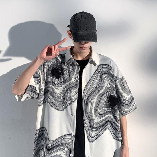 Летняя мужская рубашка в стиле ретро с абстрактным принтом и половиной рукавов в стиле хип-хоп, свободный контрастный цвет, однобортный отложной воротник, быстросохнущий мягкий дышащий топ