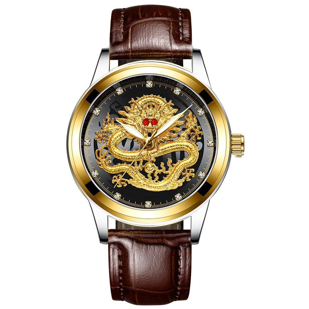 FNGEEN Men's Watch Light Luxury Relief Golden Dragon Watch Waterproof Diamond Inlaid Ruby Mens Quartz Watch
