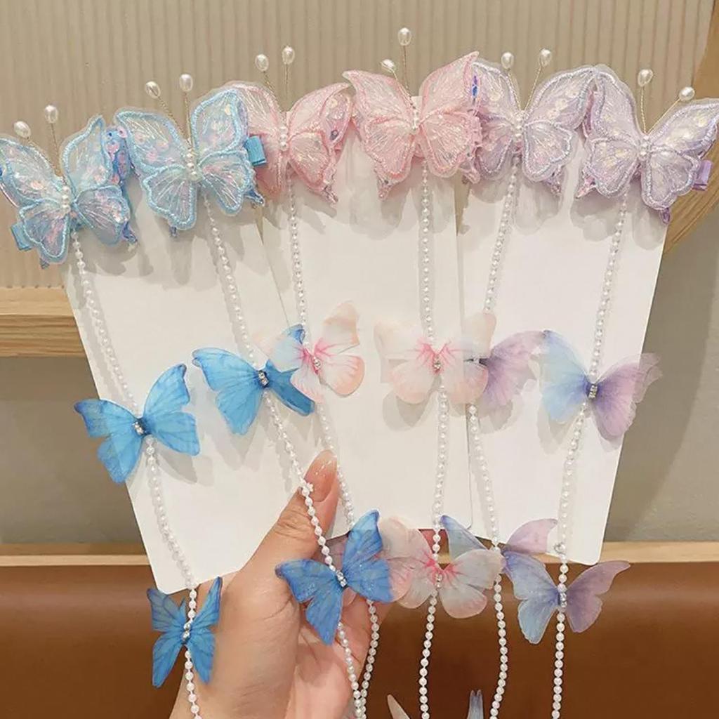 2 шт./набор Заколка для волос в виде бабочки с жемчугом феи, принцесса, кисточка, плетеная цепочка для волос, заколка для волос, милый детский головной убор, детский аксессуар для волос