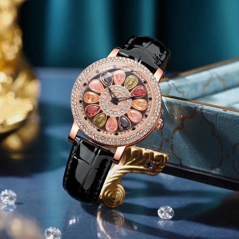 Ladies' Quartz Watch with Rotating Dial Rose Gold Inlaid with Diamonds and Gemstones Fashionable Waterproof Quartz Watch Women's Watch