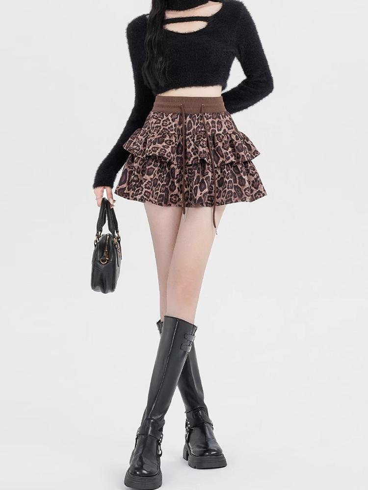 Женская леопардовая юбка Y2k Shoujo Girl Aesthetic 2000s Mini Ruffles Skirt Gyaru Coquette с эластичной талией Cyber Punk Cake Skirt