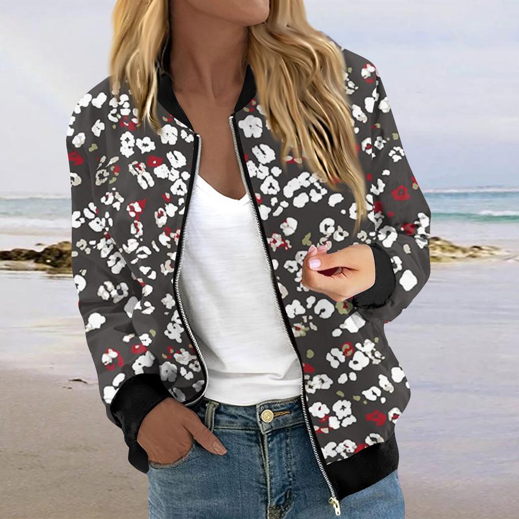 Куртки для женщин, легкие укороченные куртки с длинным рукавом на молнии, модная верхняя одежда с принтом, повседневные стеганые куртки с карманами