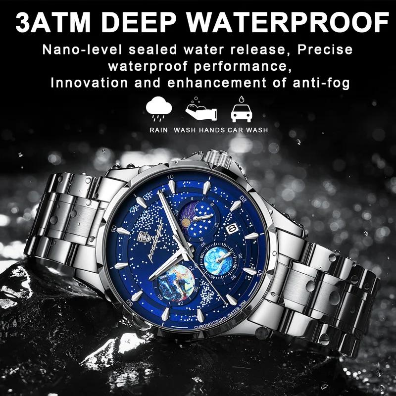 POEDAGAR Брендовые модные кварцевые часы Starry Sky Chronograph с ремешком из нержавеющей стали и кожи, водонепроницаемые, с подсветкой, мужские часы
