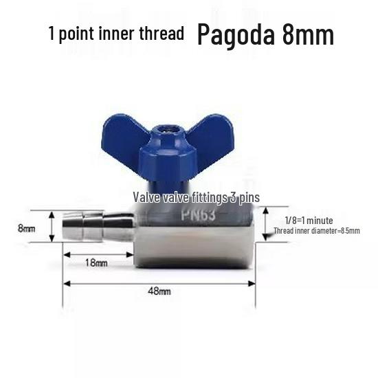 304 Stainless Steel Mini Ball Valve with Butterfly Handle, Internal/External Threads, High Pressure, 4-Way Pagoda Tube Connector.