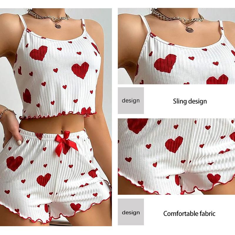 Women's Pajamas Set Sleepwear 2 PCS Short Tank Tops And Shorts White Ventilate Soft Casual Love Printing
