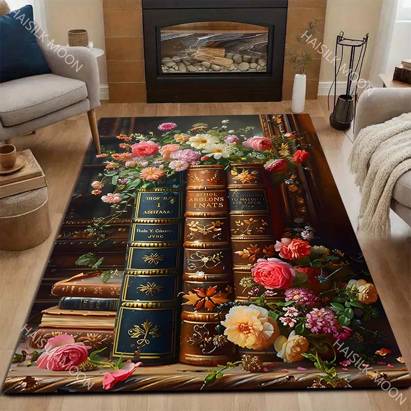 Multi Size Vintage Book Flowers Carpet for Living Room Bedroom Bedside Floor Mat Sofa Table Area Rugs Home Decor Luxury Gift