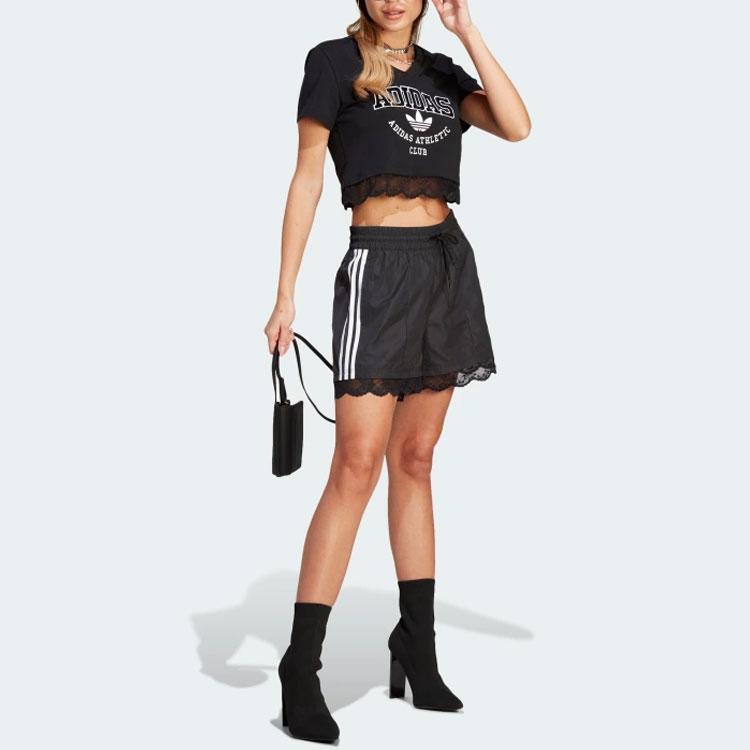 Adidas Originals Lace Trim 3-Stripes Shorts With Drawstring Women Bottoms Black II5605