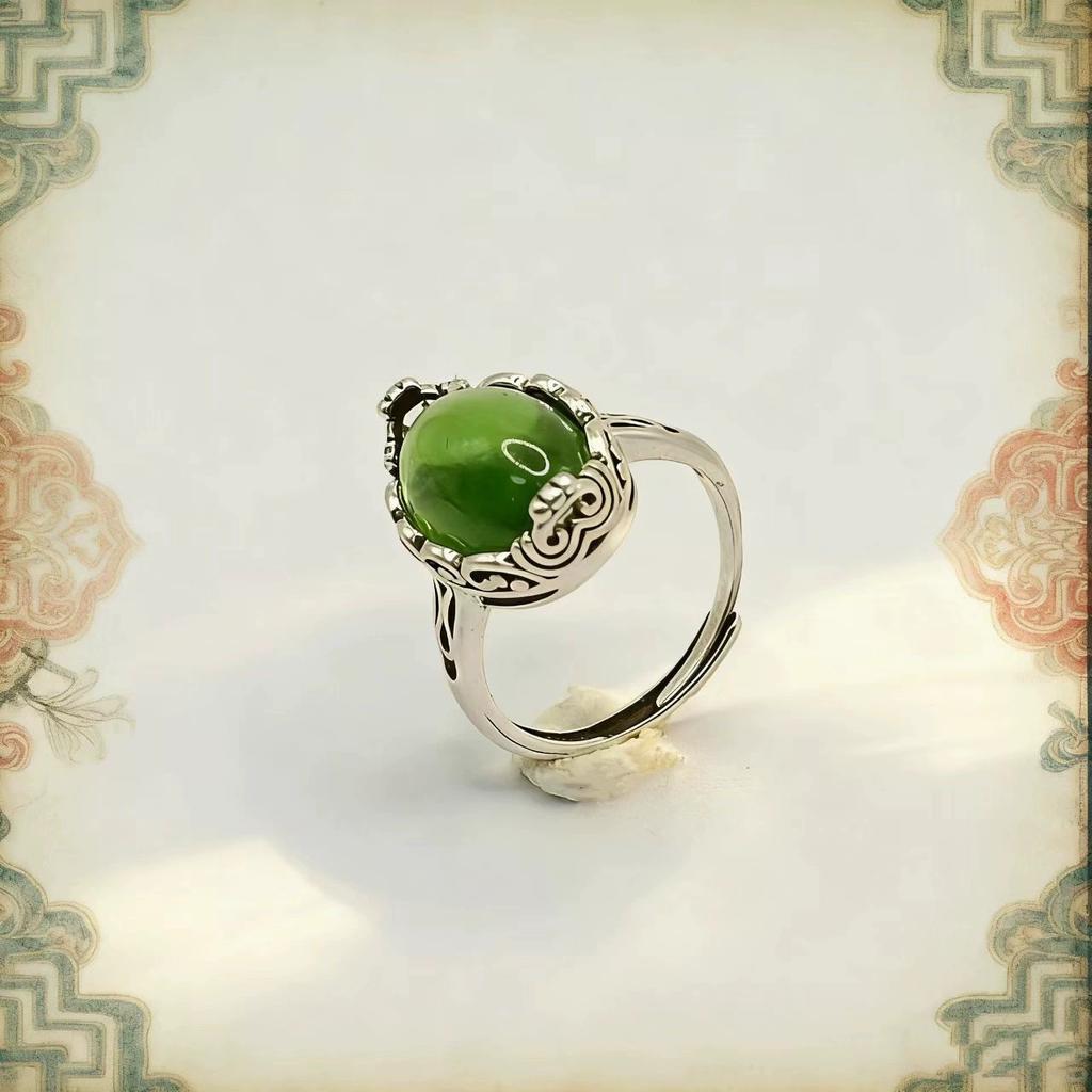 Retro Ethnic Style Thai Silver Hollow Withered Vine Green Zircon Adjustable Rings For Women Fashion New Jewelry Gift