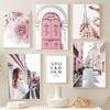 Pink Paris Tower Girl Building Door Car Sakura Rose Wall Art Canvas Painting Landscape Posters Prints Pictures Living Room Decor
