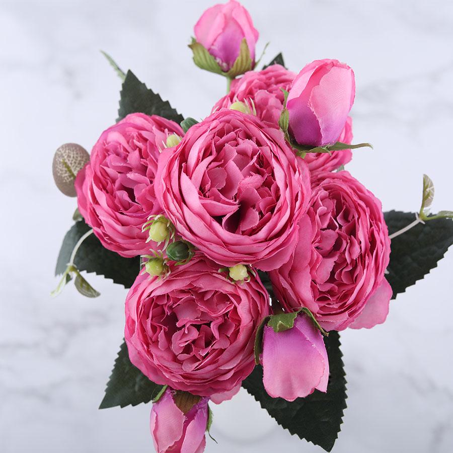 30cm Rose Pink Silk Peony Artificial Flowers Bouquet 5 Big Head and 4 Bud Cheap Fake Flowers for Home Wedding Decoration Indoor KTY