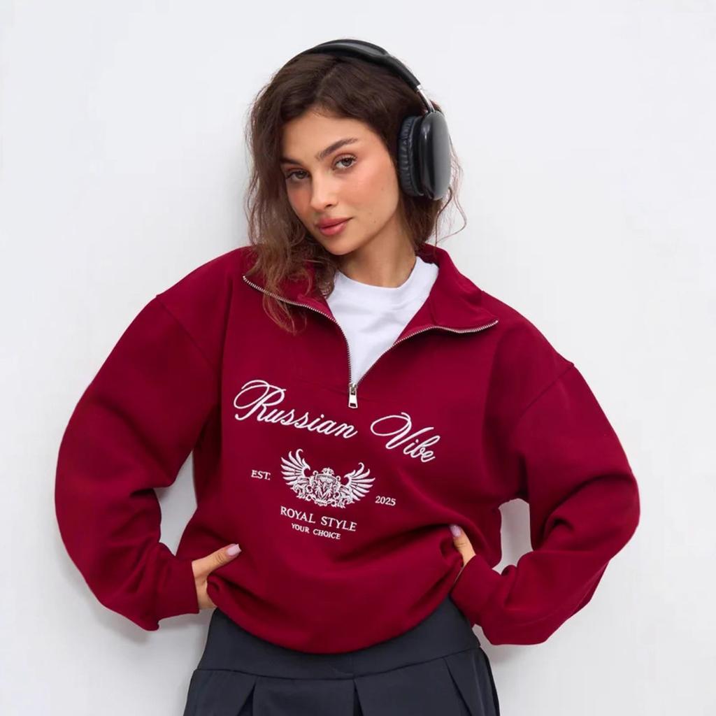 Street ruffian letter print half zipper lady thickened lapel sweater commuter top