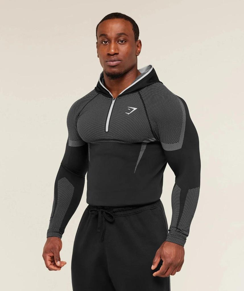Мужская фитнес-футболка с длинным рукавом и капюшоном GYMSHARK Onyx с высокой эластичностью