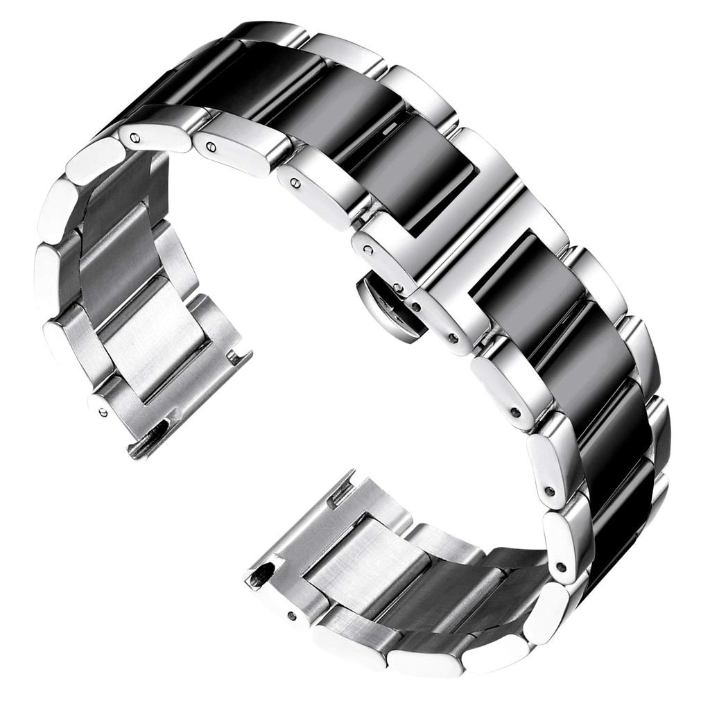 BINLUN Watch Band Stainless Steel Band Replacement Strap Polished Matte Brushed Solid Strap Silver and (Polished Black, 16mm)