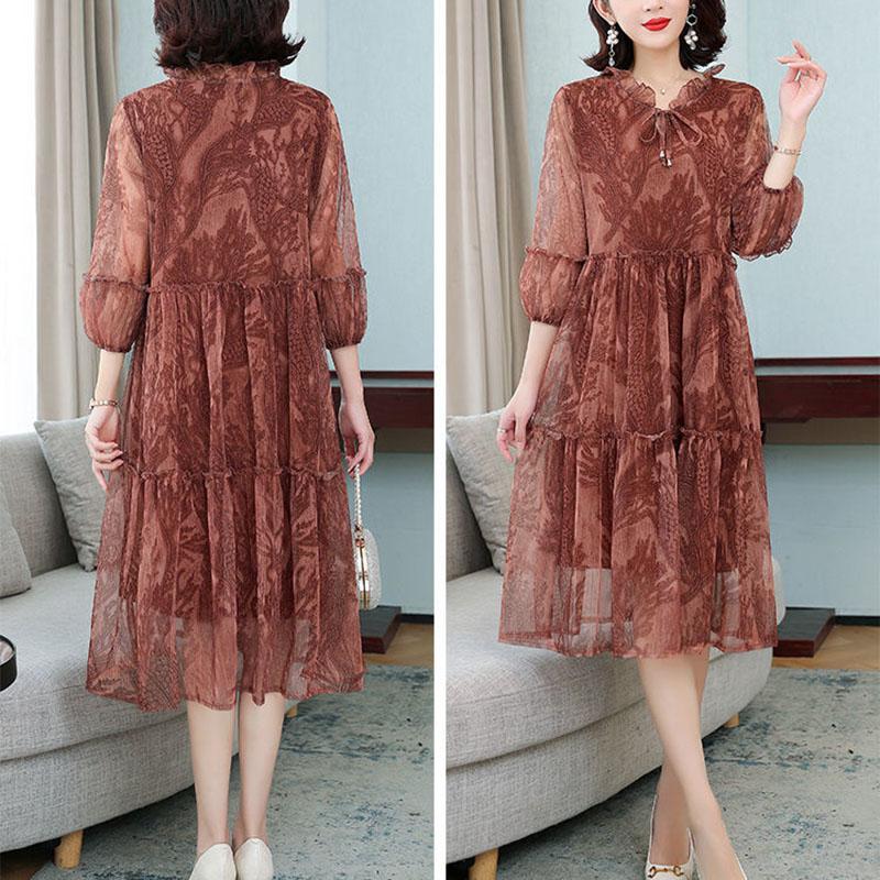 Женское летнее шифоновое платье больших размеров с принтом, свободное сетчатое платье трапециевидной формы